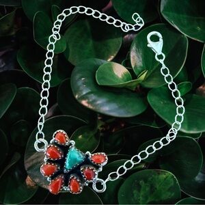 Red Coral & Sonoran Gold Turquoise Cluster Bracelet | 925 Sterling Silver